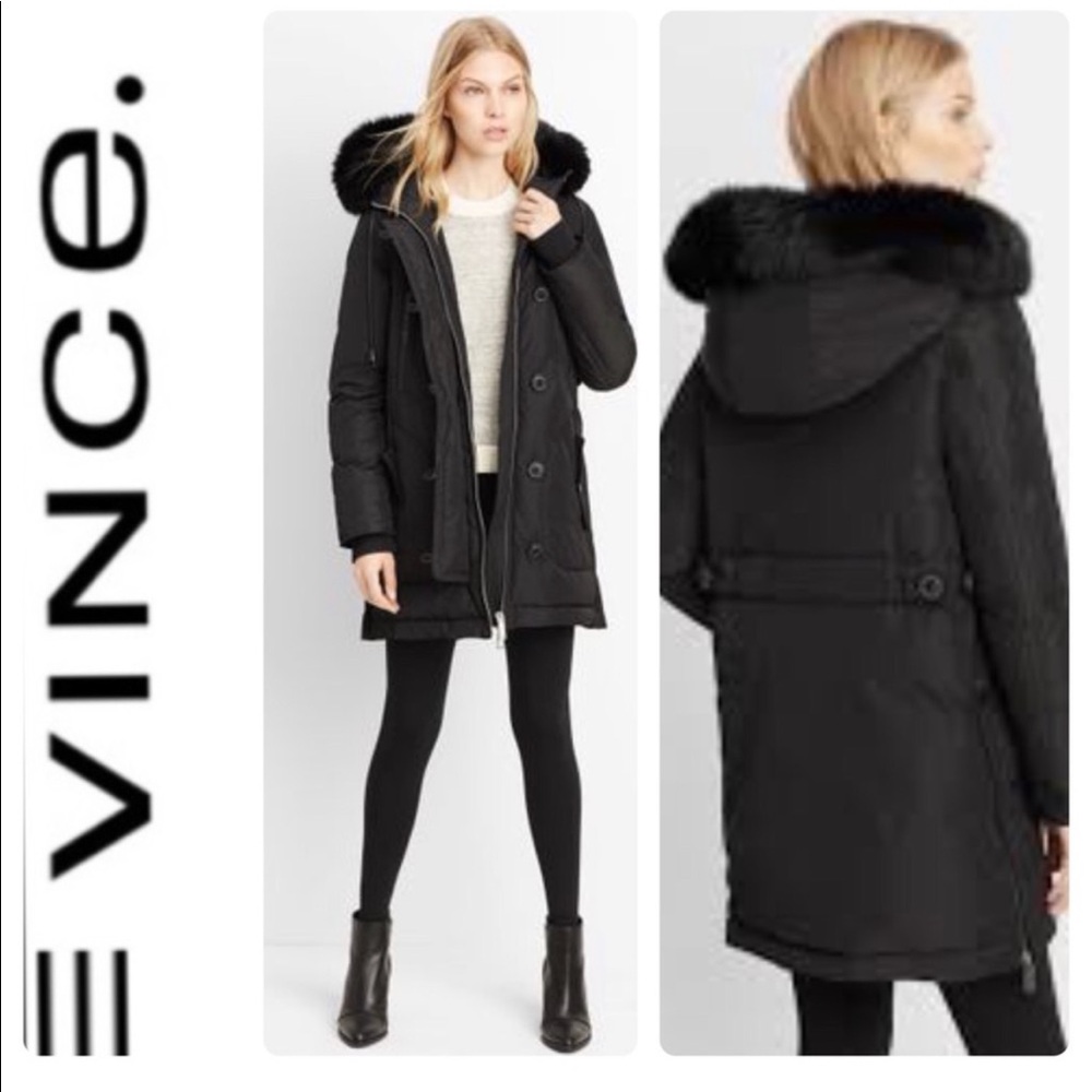 Vince 'Quilted' Genuine Coyote Fur Trim Parka XS Black